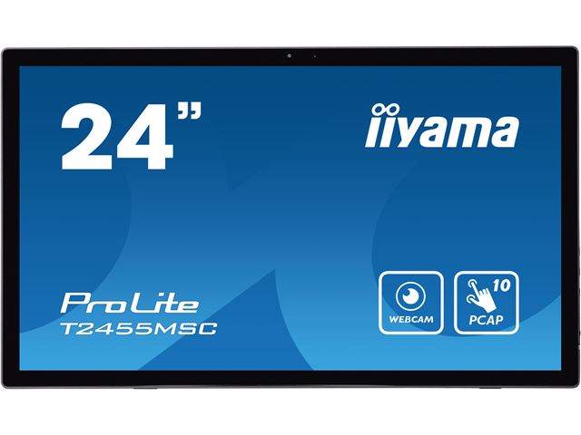 iiyama ProLite monitor T2455MSC-B1 24" Black, IPS, Projective Capacitive 10pt touch, HDMI, Display Port, edge-to-edge glass, anti fingerprint coating, integrated webcam & mic image 0