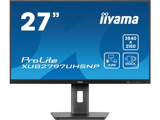 iiyama ProLite monitor XUB2797UHSNP-B1 27" IPS, 4k, KVM Switch, USB-C dock with 96W power delivery and RJ45 (LAN), Ultra Slim Bezel, HDMI, Display Port, Height Adjustable image 0